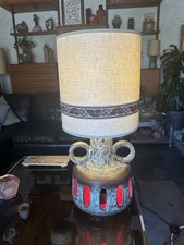 Large 45cm 1960s West German Pottery Twin Handled Fat Lava Floor Lamp With Shade