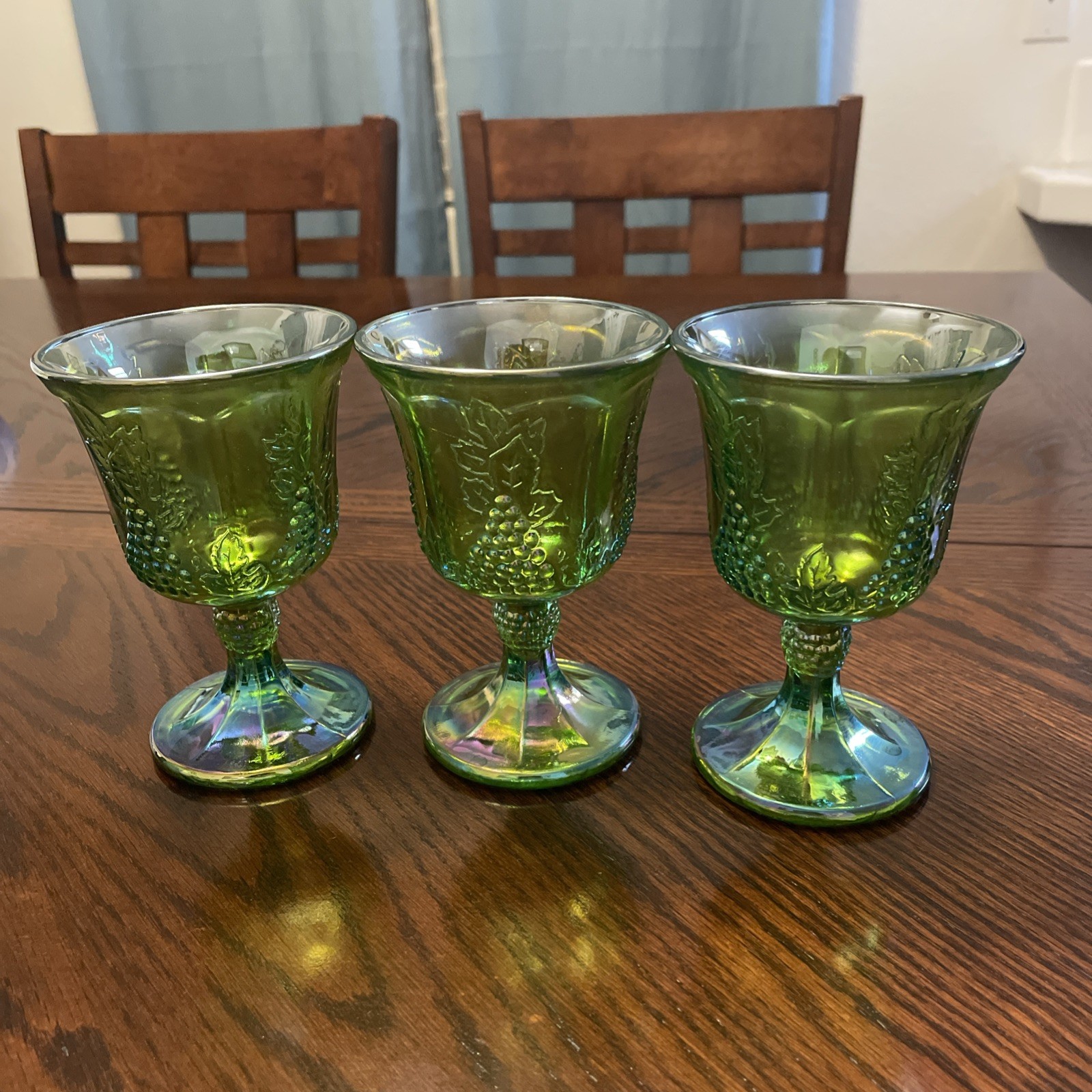 Indiana Carnival Glass Iridescent Green Harvest Grape Set Of  3 Goblet Wine
