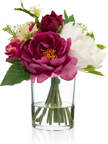 WELL KNOWN Artificial Flowers in Glass Vase with Fake Water, Silk Peony Flower B - Picture 12 of 12
