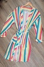 Vtg Sears Womens Bright Striped Swim Cover Up Robe Lightweight Rope Tie Damaged