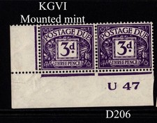 D206  Postage Due 1937 KGVI 3d Violet  MINT  control U47 D30