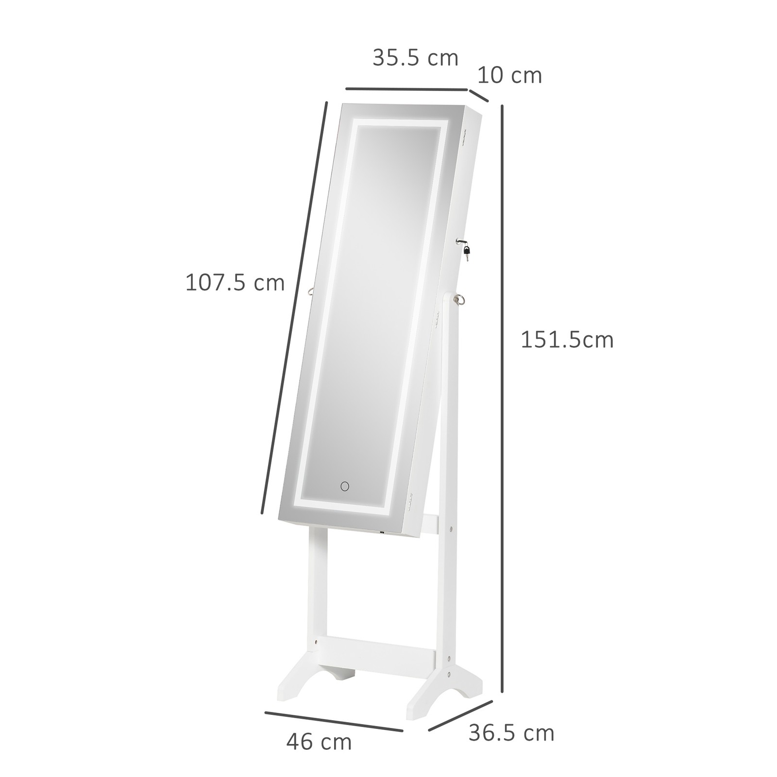 HOMCOM Specchiera Portagioie LED Autoportante - Mobile Specchio con Chiave - 4