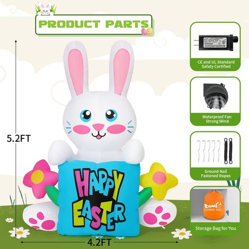 5.2 FT Easter Inflatables Bunny Holding Pillow Outdoor Decorations Blow Up Sp... - Bild 6 von 6