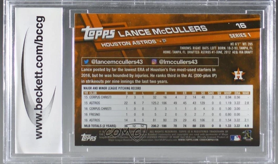 2017 Topps Toys R Us Purple Lance McCullers Jr #16 BCCG 10 Mint or Better - Image 2 of 2
