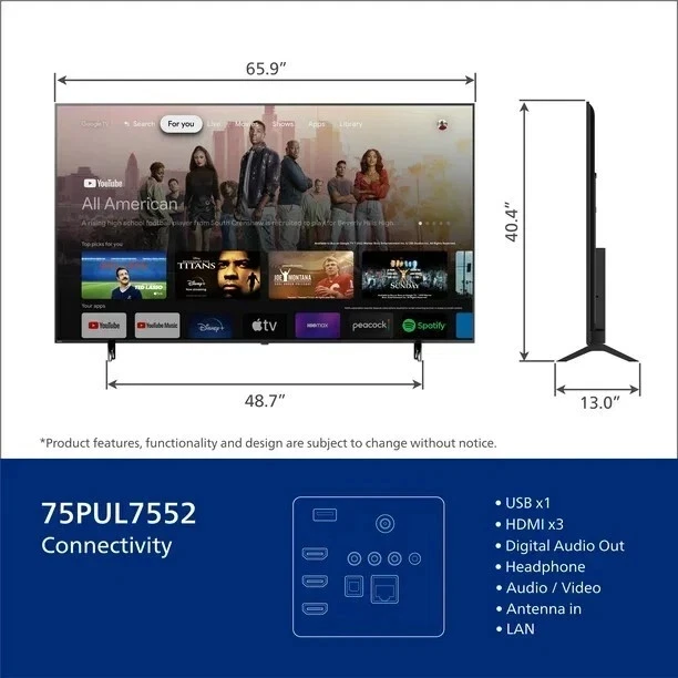 Philips 75" Class 4K Ultra HD (2160p) Google Smart TV (75PUL7552/F7) FAST SHIP! - Image 3 of 4