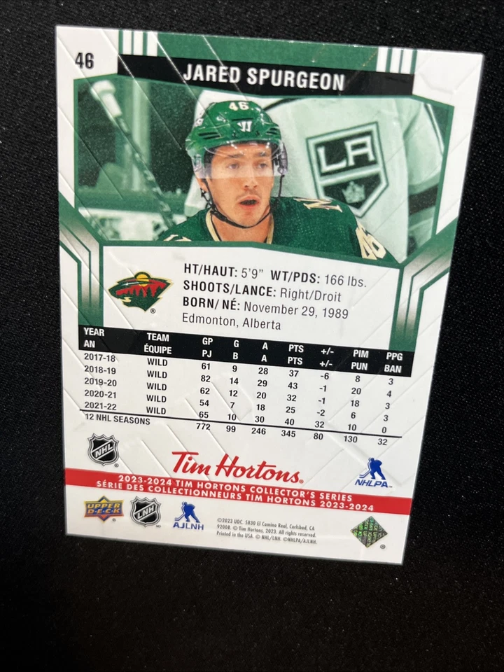 23-24 UD Tim Hortons Collectors Series Hockey 46 Jared Spurgeon - Image 2 of 2