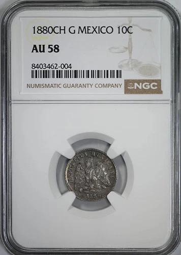 1880 CH G Mexico 10C Centavos NGC AU58
