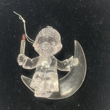 Vtg Clear Plastic Ornament Angel Sitting on Crescent Moon with Candle HONG KONG