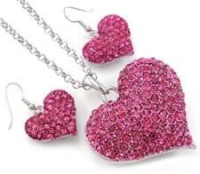 Valentine's Day Gift Pink Heart Pendant Necklace  Dangle Earrings Set Charm p3