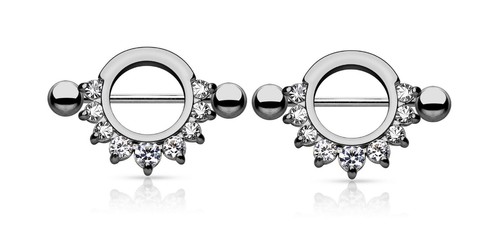 Pair Pronged Gem Half Circle Nipple Shields Rings Barbells Body Jewelry - Picture 3 of 5