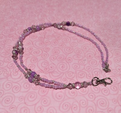 Handmade Purple & Silver Glass Beaded Lanyard I.D. Badge Tag Holder Necklace 30''