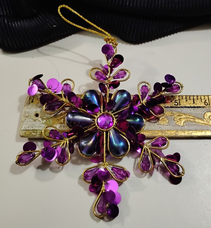 Pier 1 PURPLE & Gold Jeweled Sequined Star Snowflake Hanging Christmas Ornament