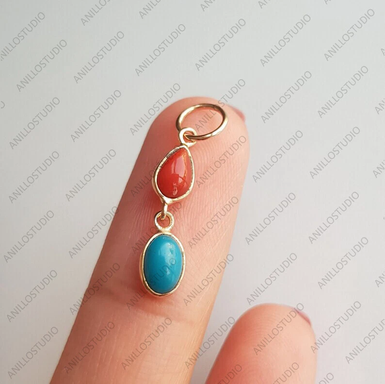 Colgante Gota Ovalada Coral Natural y Turquesa Para Collar Joyería Oro Amarillo 14k Foto 2 de 4