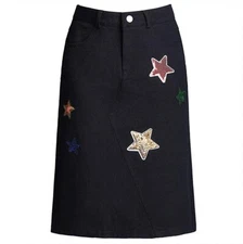 Womens Cute High Waist Star Fit-Flare A-Line Midi-Long Denim Skirt S