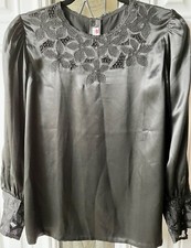 Black with hand embroidered long sleeve silk blouse - Free shipping.