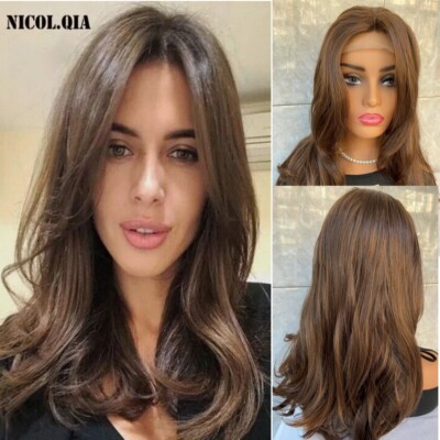 Light Brown Wavy Human Hair Blend Wig Human Hair Blend Wig Brown Copper Blonde Mixed Long Wavy  main image 2