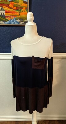Eloges Color block Long Sleeve Pullover Top White Blue Brown w/ Pocket Sz Large