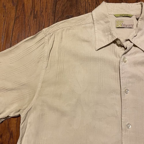 Cubavera Mens Button Up Size L Tan 100% Silk Short Sleeve Tropical Beach Resort - Picture 4 of 15