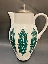 VINTAGE GERMAN PORCELAIN PITCHER - CHROME STRAINER LID - ART NOUVEAU SCROLLS  9"