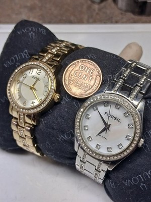 Pair Fossil Jeweled Bezels and Bands Silver and Gold Tone Ladies Quartz Watches
