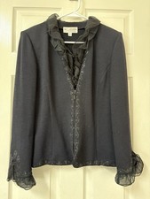 St John Black Knit w/Embellished Ruffle Trim Zip Front Evening Jacket Size 10