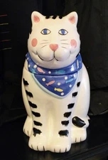 Vintage Coco Dowley Tabby Cat  w/ Scarf  & Blue Eyes Cookie Jar - Rare