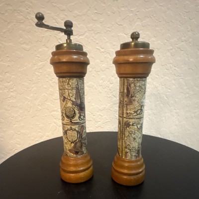 Vintage Wooden Salt & Pepper Shaker Set with Brass Accents and Map Design
