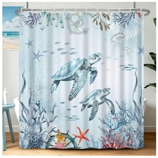 Ocean Themed Shower Curtain 71x74 Inch Sea Turtle Coral Print Under the S...