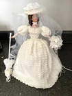 Vtg Barbie Crochet Handmade White Wedding Dress W/ Veil, Flowers And Umbrella
