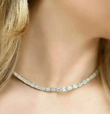 19Ct Emerald Cut Lab Created Diamond Tennis Necklace 14K White Gold Plated 18"In