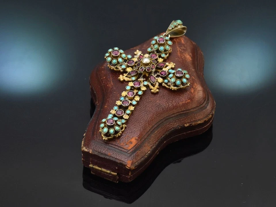 KREUZ ANHÄNGER AUS SIEBENBÜRGEN TÜRKIS GRANAT SILBER UM 1880 MIT ORIGINAL ETUI - Bild 2 von 4