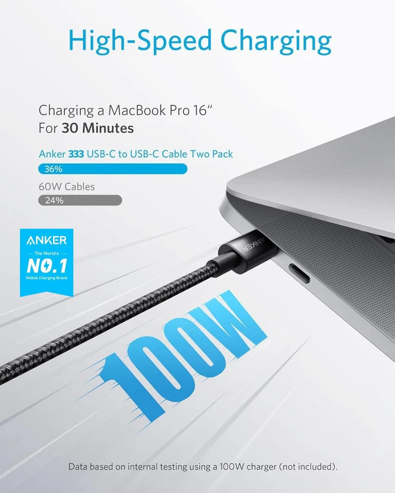 Anker USB C to C Cable, 2-Pack 6 FT (1.8 m) Type C 100W 6ft, Black - Image 2 of 4