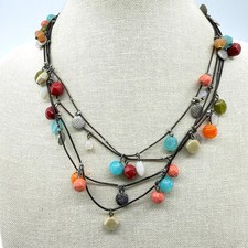 Multicolor Bead Charm Multi Strand Brown Cord Necklace Silver Tone Statement