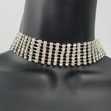 7-strand CLEAR RHINESTONE CHOKER Silver Tone Tiered Necklace Collar Glam Fashion