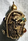 Vintage Pendant Chinese Dragon Egg Naga Gold Tone Rhinestones Costume Jewelry