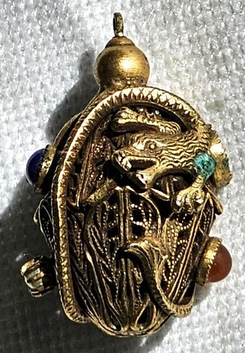 Vintage Pendant Chinese Dragon Egg Naga Gold Tone Rhinestones Costume Jewelry