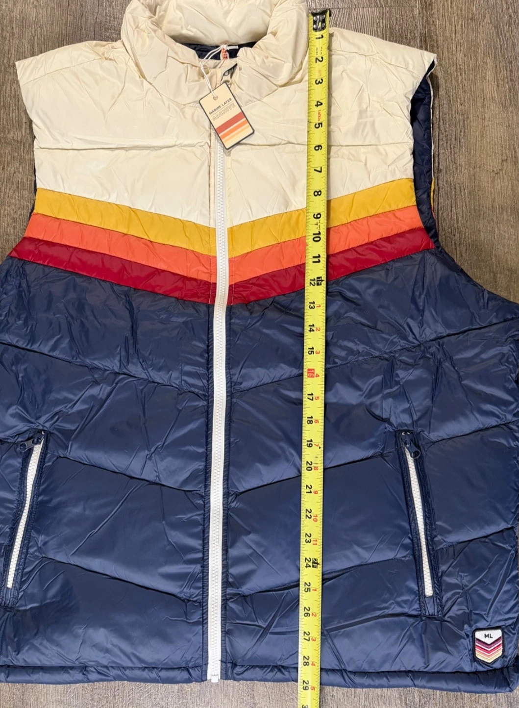 New Marine Layer Archive Boreal Puffer Vest Navy White Stripe Chevron Jacket XXL image 3