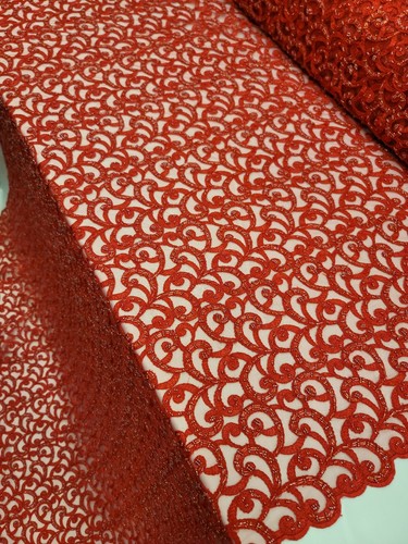 Red Beaded Lace Embroidery Fabric By The Yard Geometric Pattern Luxury Lace - Picture 3 of 11