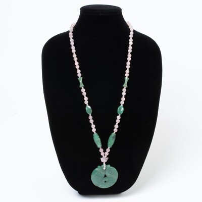 Vintage Beaded Statement Necklace Rose Quartz & Carved Jade Fish Pendant 18''