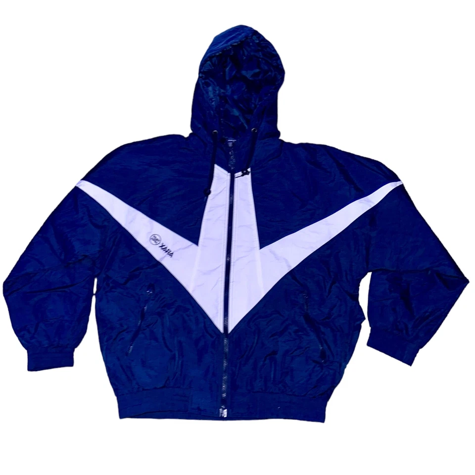 Chaqueta de lluvia de fútbol Xara vintage nueva con etiquetas súper rara de nailon brillante con capucha azul marino Foto 3 de 4