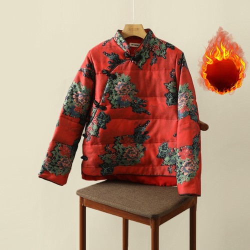 Women Retro Floral Quilted Padded Jacket Tang Suit Coat Zen Mandarin Collar Warm - Picture 2 of 10