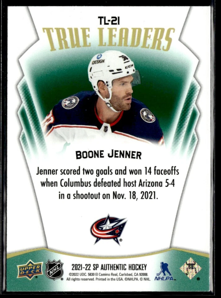 2021-22 SP Authentic True Leaders Green Boone Jenner #TL-21 - Image 2 of 2