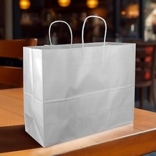 Paper Bags 100 White Kraft Shopping Handles Retail 16” x 6” x 12 ½” High Large