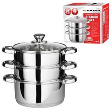 24CM 4PC STEAMER COOKER POT SET PAN COOK FOOD GLASS LIDS 3 TIER STAINLESS STEEL