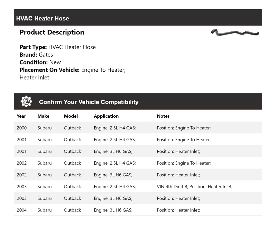 Puertas de manguera de calefacción de climatización para Subaru Outback 2000-2004 2001 2002 2003 Foto 2 de 4