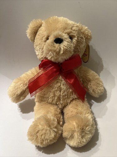 Aurora Teddy Bear Red Ribbon TAN 12" Plush STUFFED ANIMAL Toy