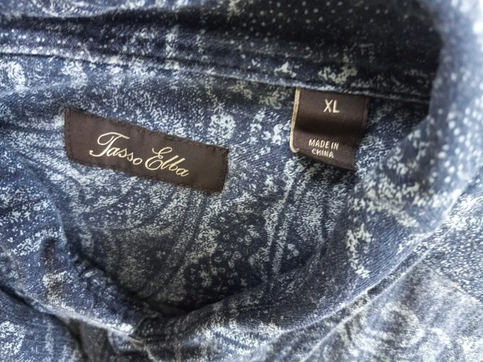 Tasso Elba Men XL Short Sleeve Buttons Down Shirt Aztec Paisley Blue Silk/Rayon - Image 4 of 4