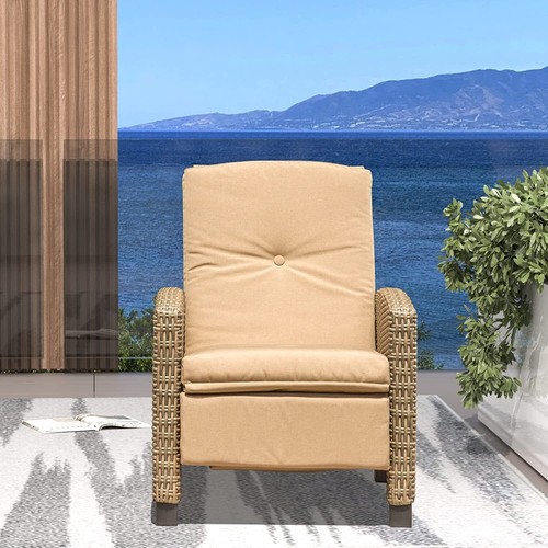 Domi Outdoor Recliner, All-Weather Wicker Reclining Patio Chair, Khaki Cushions - Picture 7 of 9