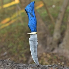 Damascus Fixed Blade Hunting Bowie Knife Leather Sheath Blue Black Resin Handle