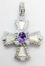 Judith Ripka Sterling Silver Amethyst MOP Maltese Cross Enhancer Pendant